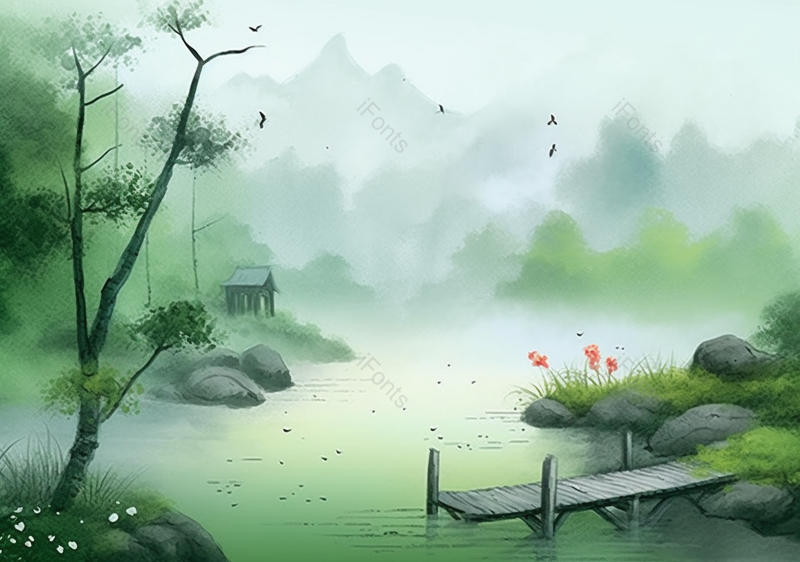 山川湖泊景色小屋绿色树林自然意境中国山水国风水墨画背景插画,插画/手绘图,插画/手绘图库,插画/手绘图下载,插画/手绘